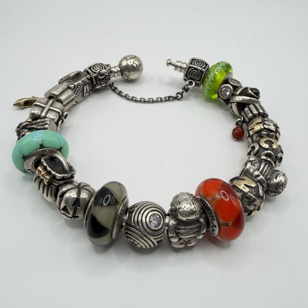 Authentic Pandora 925 ALE Sterling Silver Bracelet 19 Charms Safety Chain 78.8g